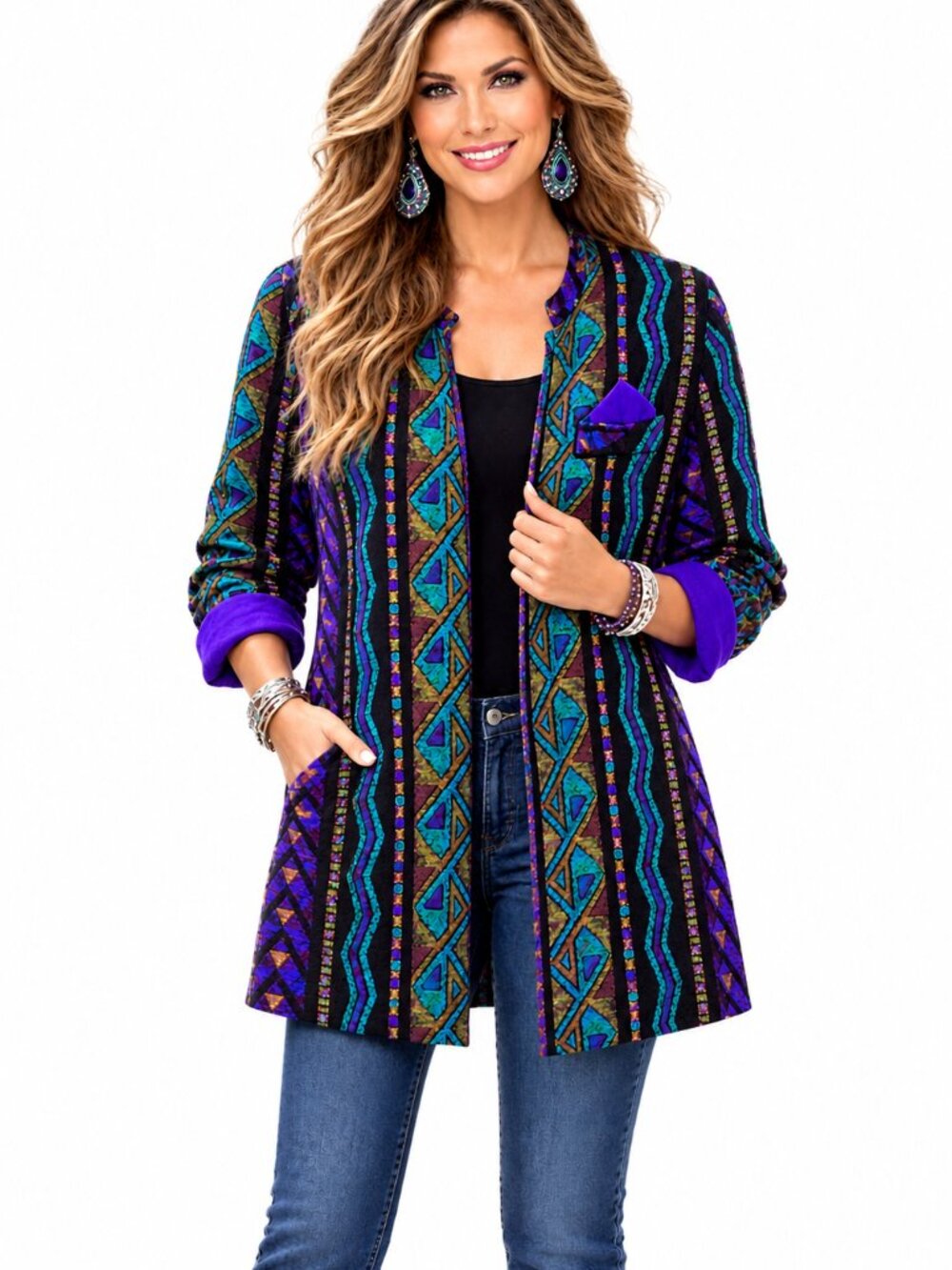 JUST IN THYME LTD 3/4 Slve Open Front Multi-Colored/Patterned Striped Jacket 10